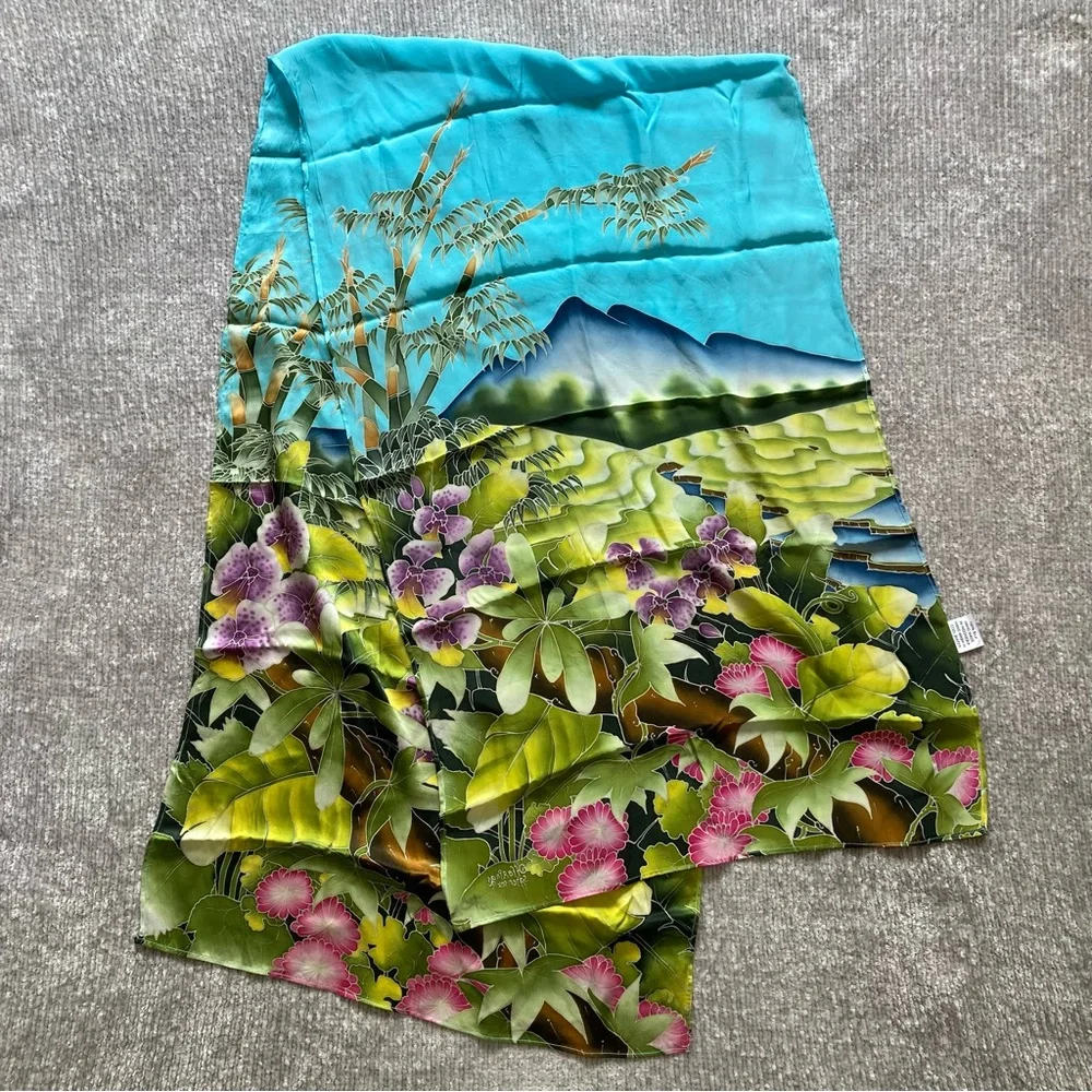 Offerings Sajen Silk Scarf 100%‎ Silk Handpainted Bali Landscape Floral Handmade